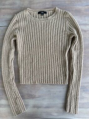 Lulu's Beige Ribbed Cropped Crewneck Sweater M